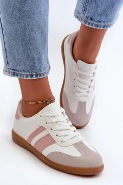 Boto Sneakersy Damskie*Damskie Niskie Eko Skórzane Sneakersy Biało-Różowe Relialia