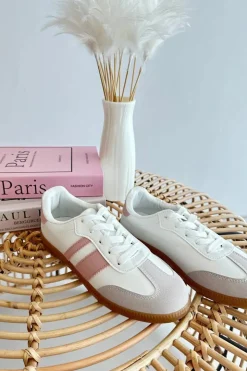 Boto Sneakersy Damskie*Damskie Niskie Eko Skórzane Sneakersy Biało-Różowe Relialia