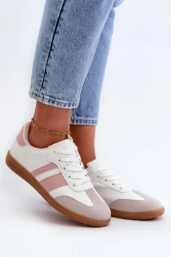 Boto Sneakersy Damskie*Damskie Niskie Eko Skórzane Sneakersy Biało-Różowe Relialia