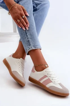 Boto Sneakersy Damskie*Damskie Niskie Eko Skórzane Sneakersy Biało-Różowe Relialia