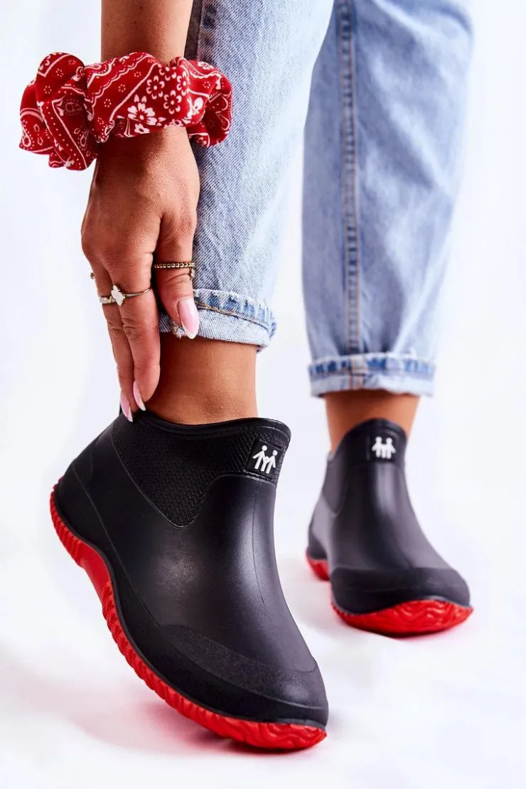 Boto Kalosze Damskie*Damskie Niskie Kalosze Czarno-Czerwone Eldora