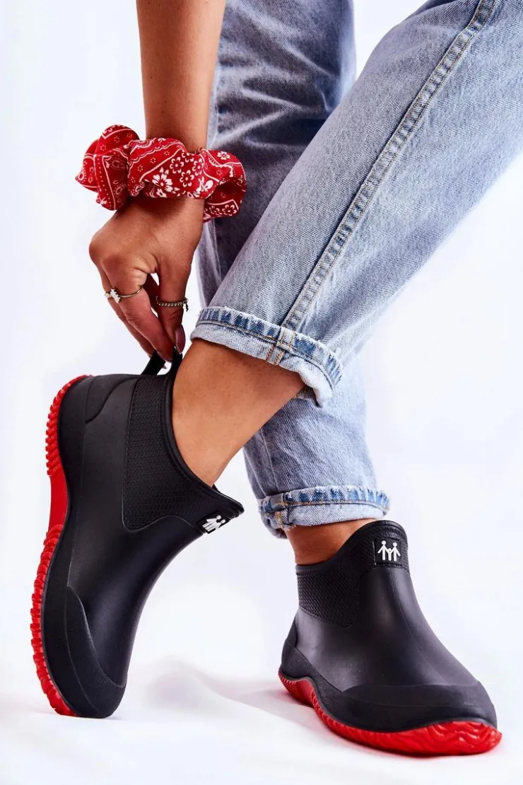Boto Kalosze Damskie*Damskie Niskie Kalosze Czarno-Czerwone Eldora