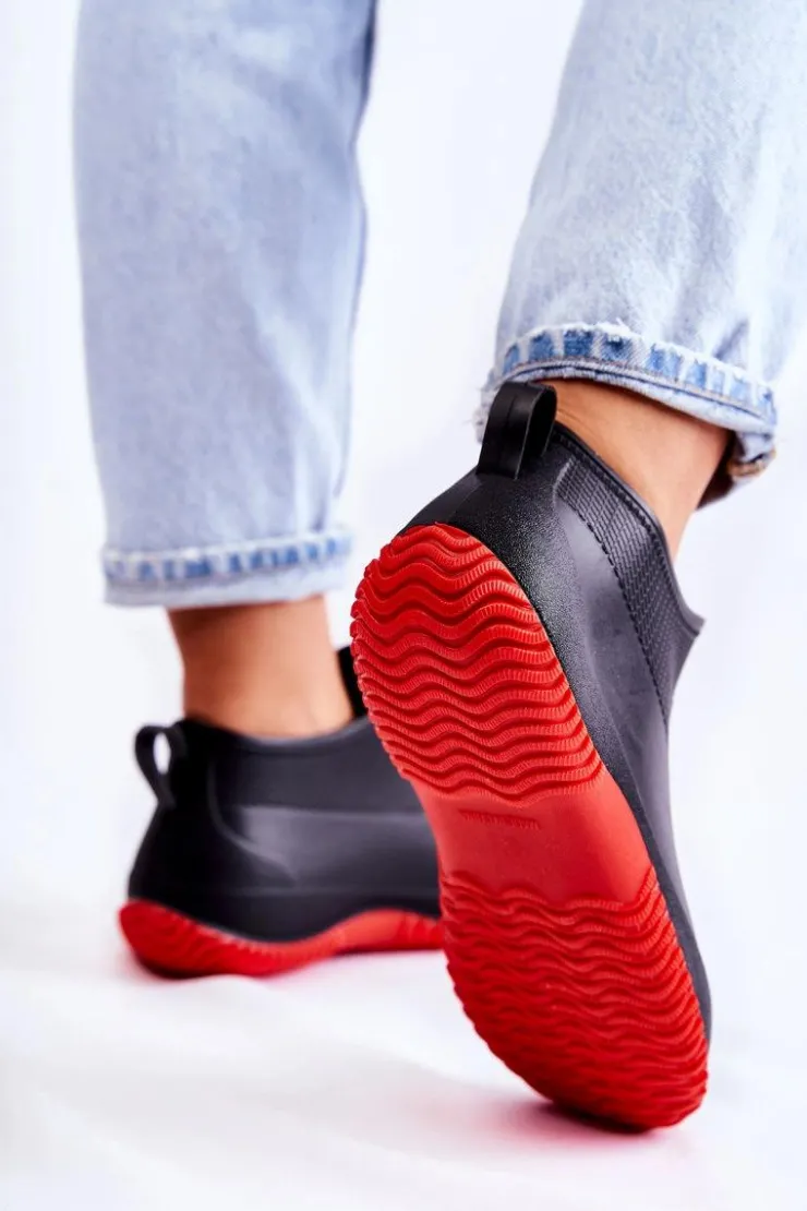 Boto Kalosze Damskie*Damskie Niskie Kalosze Czarno-Czerwone Eldora