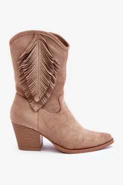 Damskie buty S.Barski Kozaki Wiosenne|Kozaki Ażurowe*Damskie Niskie Zamszowe Kozaki Kowbojki Beżowe Elyse