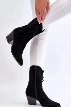 Sale Damskie buty S.Barski Damskie Niskie Zamszowe Kozaki Kowbojki Czarne Elyse