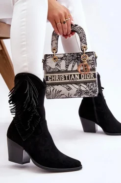 Sale Damskie buty S.Barski Damskie Niskie Zamszowe Kozaki Kowbojki Czarne Elyse