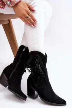 Sale Damskie buty S.Barski Damskie Niskie Zamszowe Kozaki Kowbojki Czarne Elyse