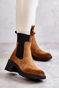 Sale Boto Damskie Ocieplane Botki Na Obcasie Camel Abella