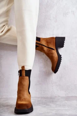 Sale Boto Damskie Ocieplane Botki Na Obcasie Camel Abella