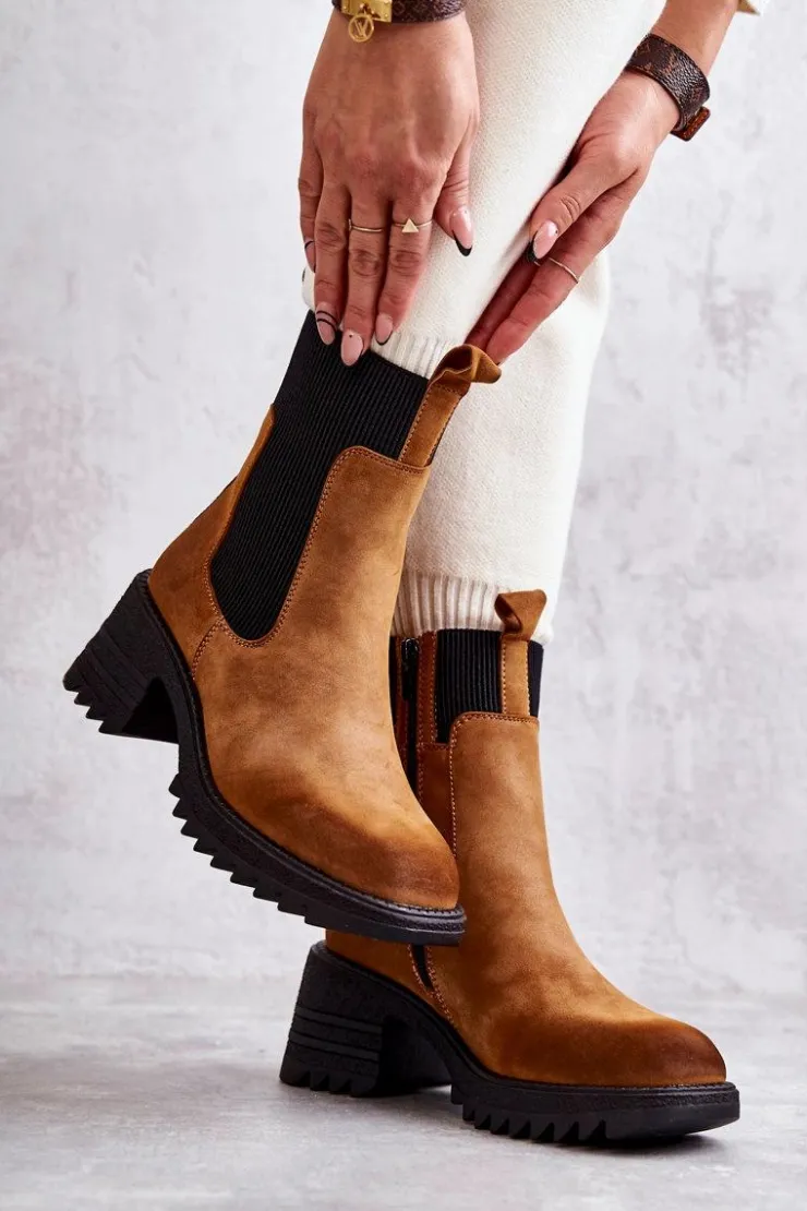 Sale Boto Damskie Ocieplane Botki Na Obcasie Camel Abella