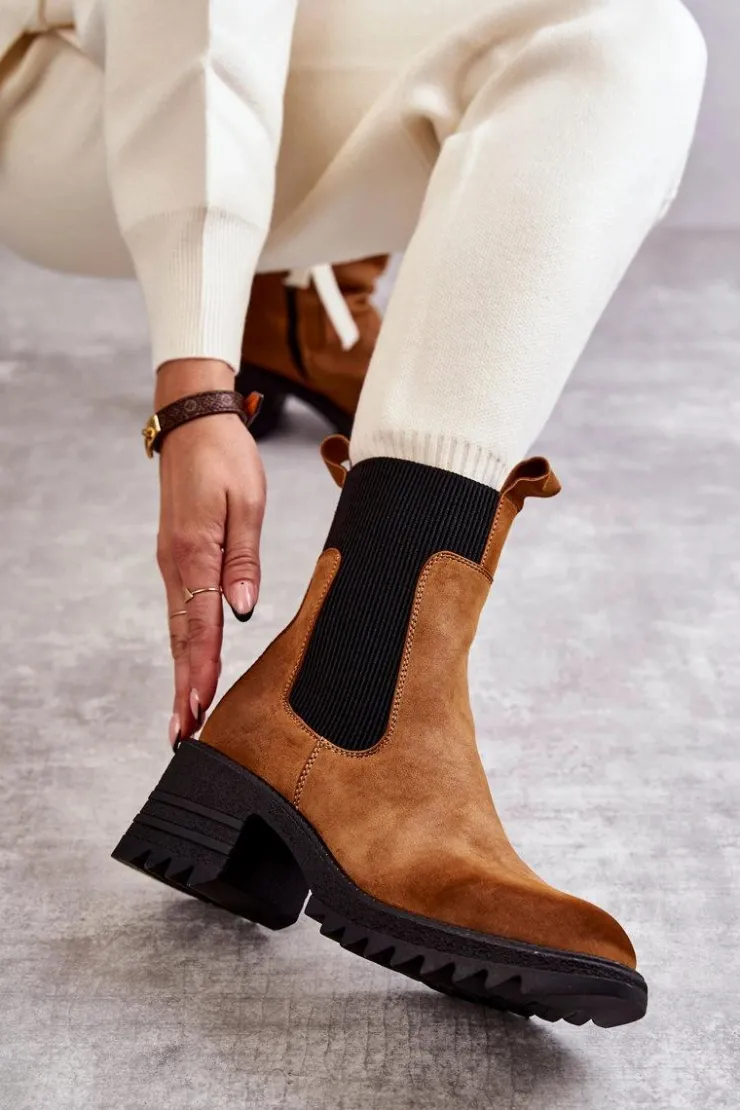 Sale Boto Damskie Ocieplane Botki Na Obcasie Camel Abella