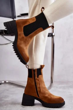 Sale Boto Damskie Ocieplane Botki Na Obcasie Camel Abella