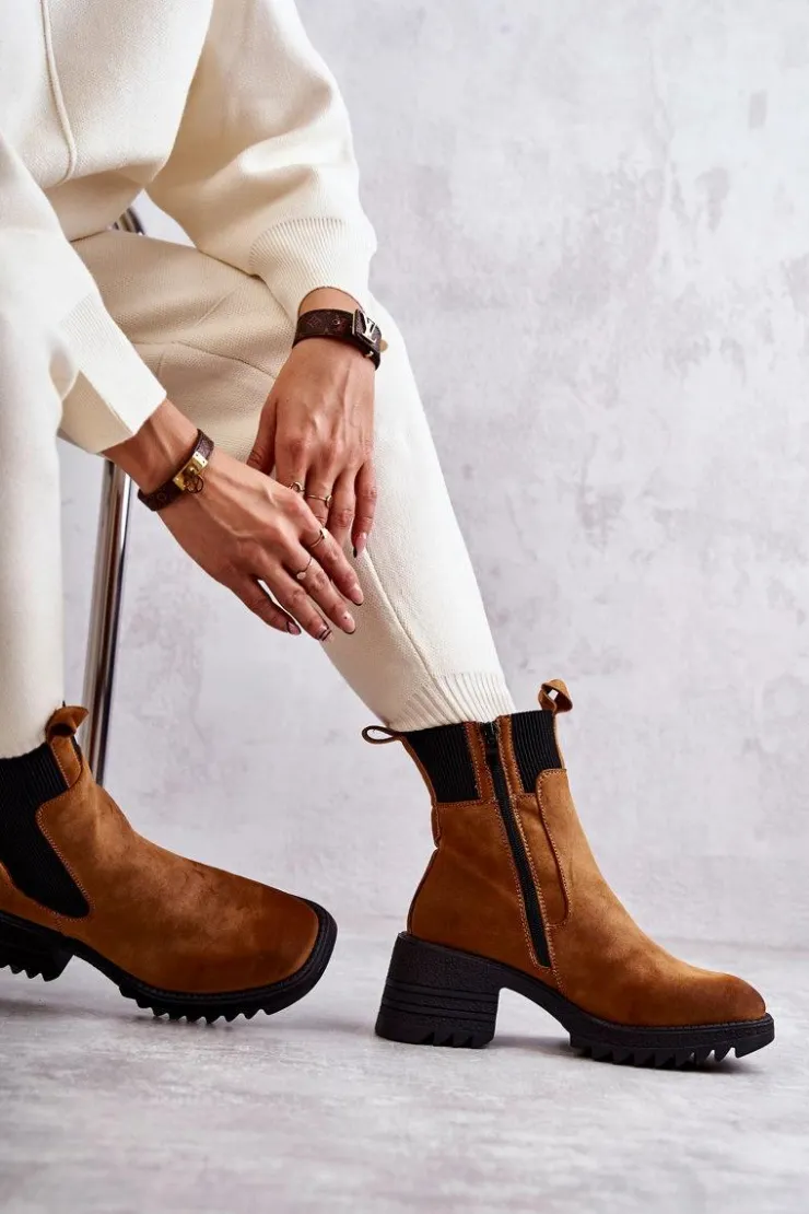 Sale Boto Damskie Ocieplane Botki Na Obcasie Camel Abella