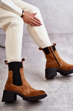 Sale Boto Damskie Ocieplane Botki Na Obcasie Camel Abella