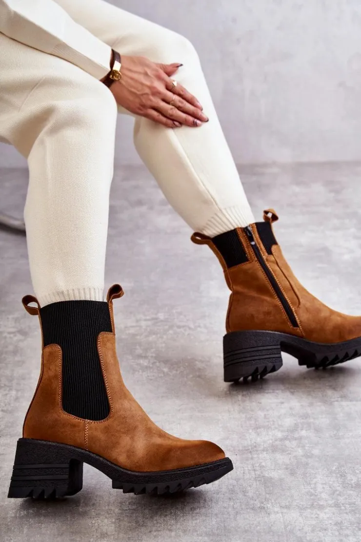 Sale Boto Damskie Ocieplane Botki Na Obcasie Camel Abella