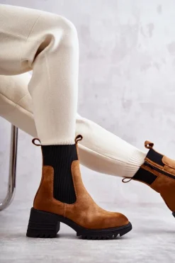 Sale Boto Damskie Ocieplane Botki Na Obcasie Camel Abella