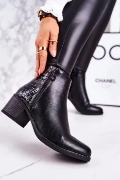Boto Botki Na Słupku|Czarne Botki*Damskie Ocieplane Botki Na Obcasie Print Zwierzęcy Czarne Confidence