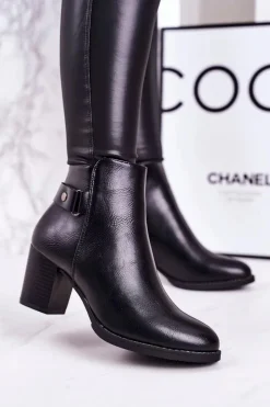 Outlet Boto Damskie Ocieplane Botki Na Słupku Czarne Unstoppable