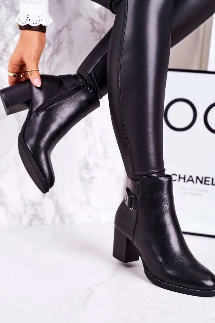 Outlet Boto Damskie Ocieplane Botki Na Słupku Czarne Unstoppable