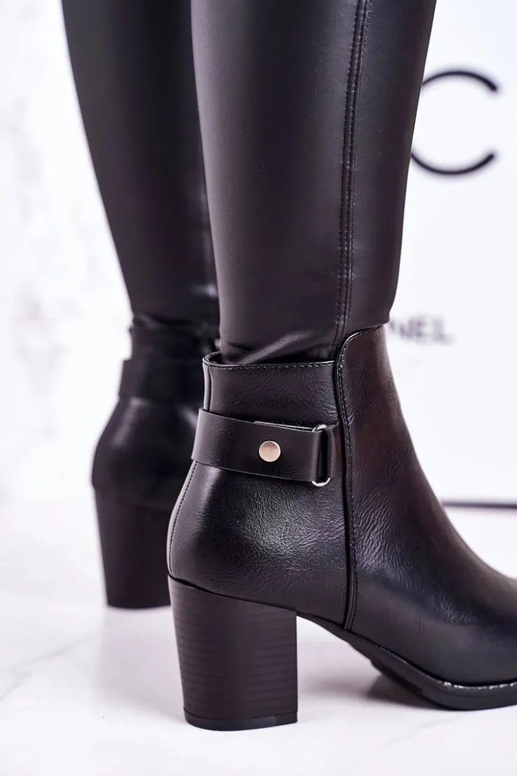 Outlet Boto Damskie Ocieplane Botki Na Słupku Czarne Unstoppable