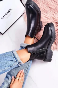 Damskie Boto Damskie Ocieplane Botki Na Gumowej Podeszwie Czarne Moon Walk