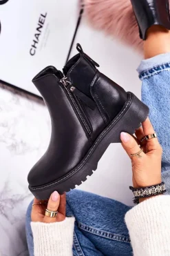 Damskie Boto Damskie Ocieplane Botki Na Gumowej Podeszwie Czarne Moon Walk