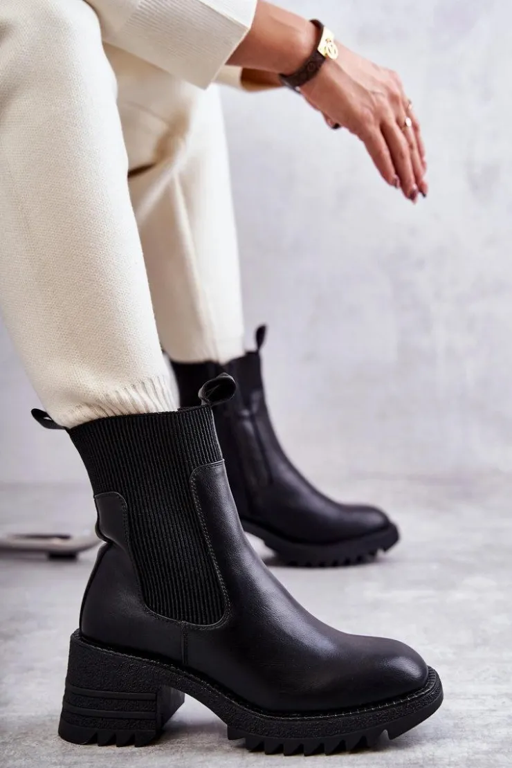 Boto Botki Na Słupku|Czarne Botki*Damskie Ocieplane Botki Na Obcasie Czarne Abella