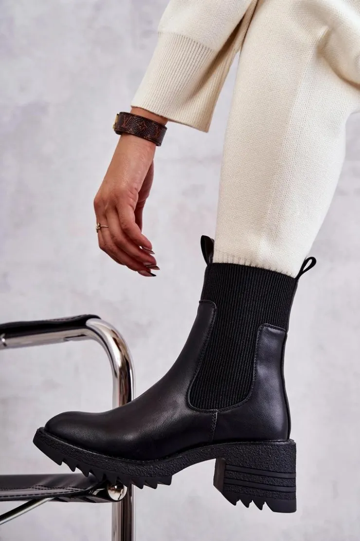 Boto Botki Na Słupku|Czarne Botki*Damskie Ocieplane Botki Na Obcasie Czarne Abella