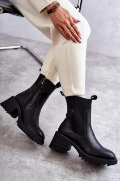 Boto Botki Na Słupku|Czarne Botki*Damskie Ocieplane Botki Na Obcasie Czarne Abella