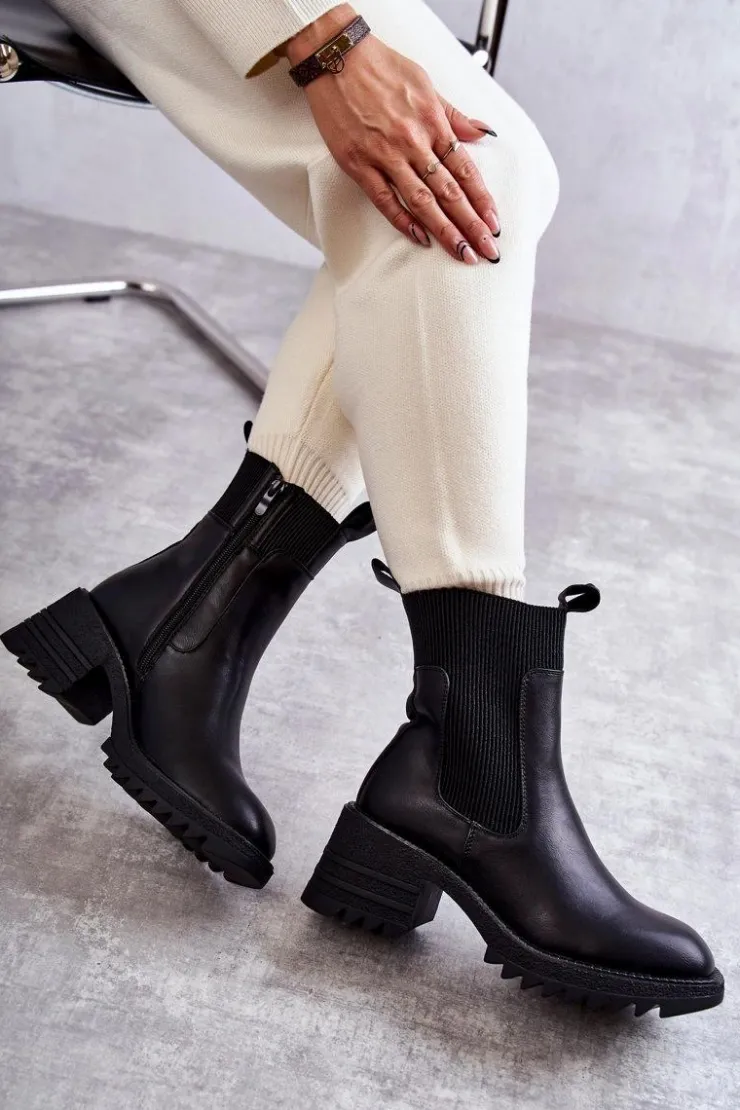 Boto Botki Na Słupku|Czarne Botki*Damskie Ocieplane Botki Na Obcasie Czarne Abella