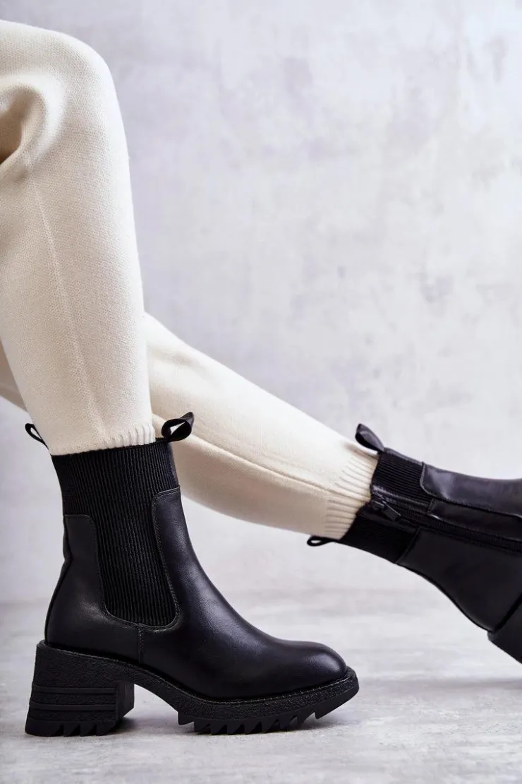 Boto Botki Na Słupku|Czarne Botki*Damskie Ocieplane Botki Na Obcasie Czarne Abella