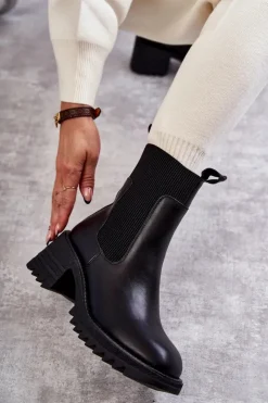 Boto Botki Na Słupku|Czarne Botki*Damskie Ocieplane Botki Na Obcasie Czarne Abella