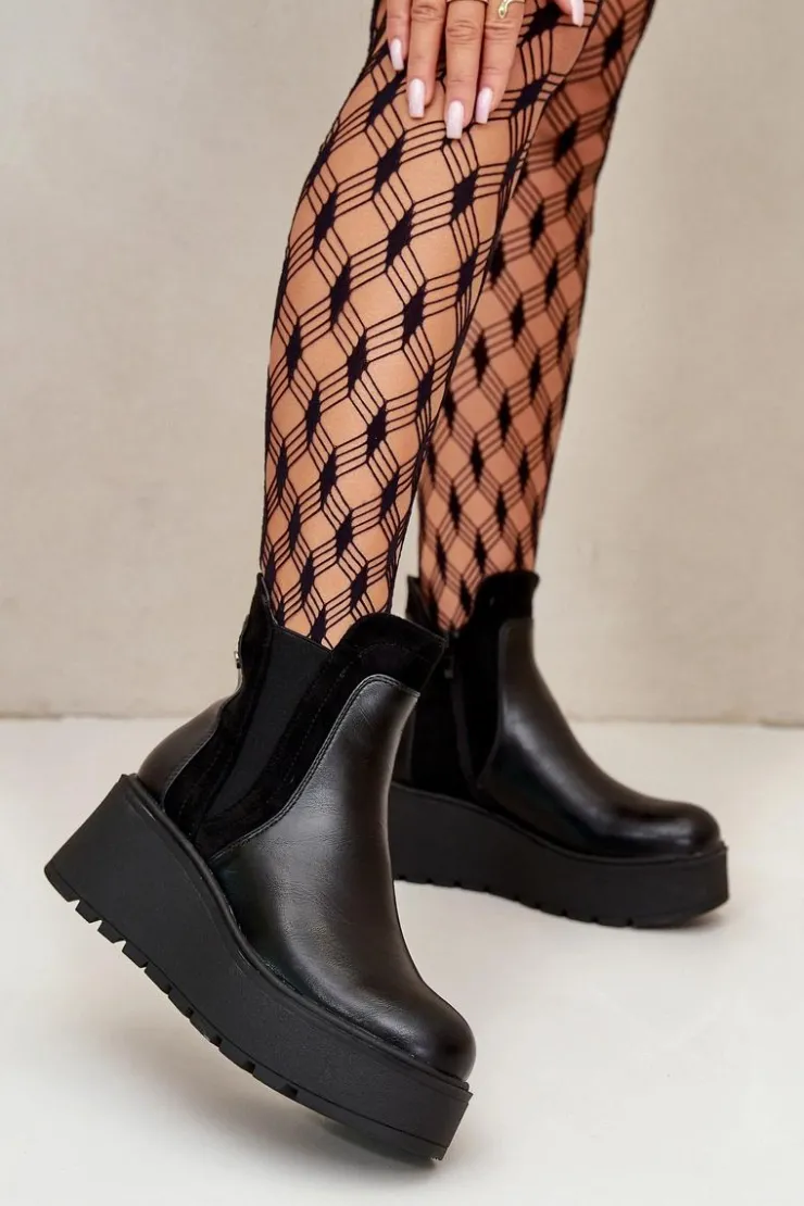 Damskie Boto Damskie Ocieplane Botki Na Platformie I Koturnie Czarne Mivanira