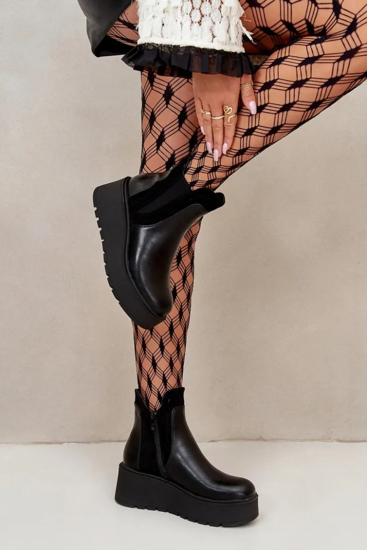 Damskie Boto Damskie Ocieplane Botki Na Platformie I Koturnie Czarne Mivanira