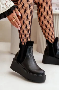 Damskie Boto Damskie Ocieplane Botki Na Platformie I Koturnie Czarne Mivanira