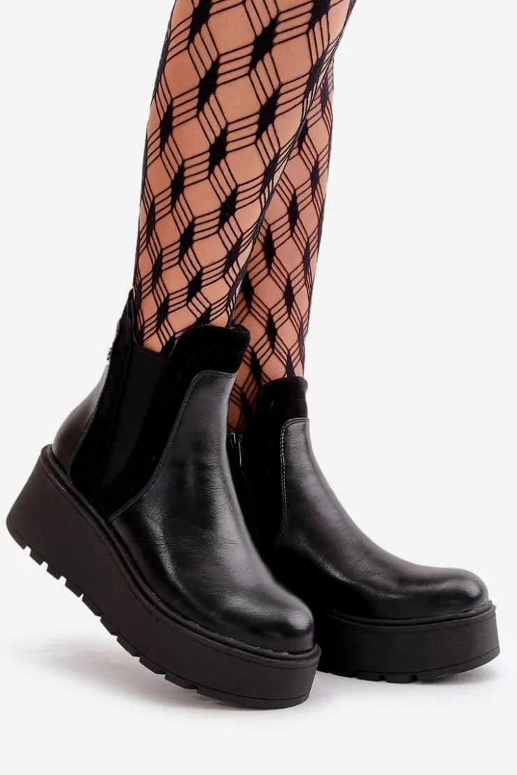 Damskie Boto Damskie Ocieplane Botki Na Platformie I Koturnie Czarne Mivanira