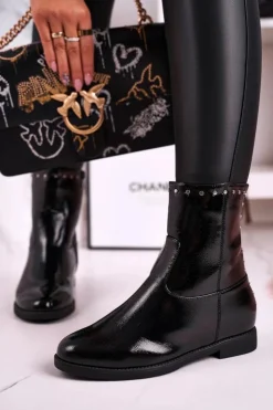 Damskie Boto Damskie Ocieplane Botki Na Koturnie Lakierowane Czarne Performance