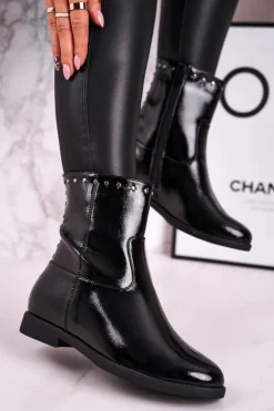 Damskie Boto Damskie Ocieplane Botki Na Koturnie Lakierowane Czarne Performance