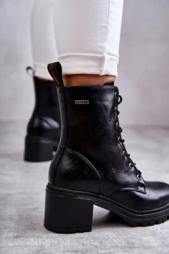 Buty damskie Vinceza Damskie Trapery|Botki Sznurowane*Damskie Ocieplane Botki Na Obcasie Czarne Grethe