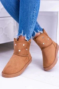 Boto Śniegowce Damskie*Damskie Ocieplane Botki Śniegowce Zamsz Camel Biggy