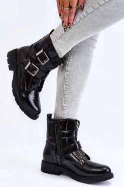 Boto Czarne Botki|Botki Zimowe Damskie*Damskie Ocieplane Botki Na Płaskim Obcasie Z Suwakiem Czarne Joshie