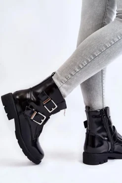 Boto Czarne Botki|Botki Zimowe Damskie*Damskie Ocieplane Botki Na Płaskim Obcasie Z Suwakiem Czarne Joshie