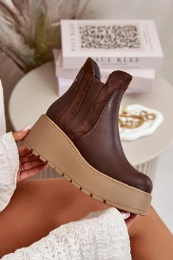 Boto Botki Na Koturnie|Brązowe I Beżowe Botki*Damskie Ocieplane Botki Na Platformie I Koturnie Brązowe Mivanira