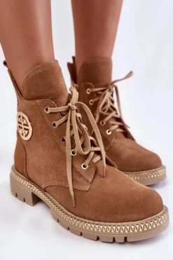 Damskie Boto Damskie Ocieplane Botki Na Suwak Camel Sinem