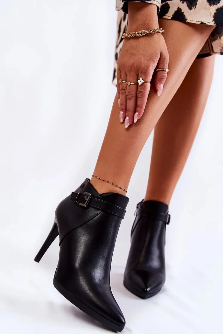 Buty Sergio Leone Czarne Botki|Botki Zimowe Damskie*Damskie Ocieplane Botki Na Szpilce Czarne Tone