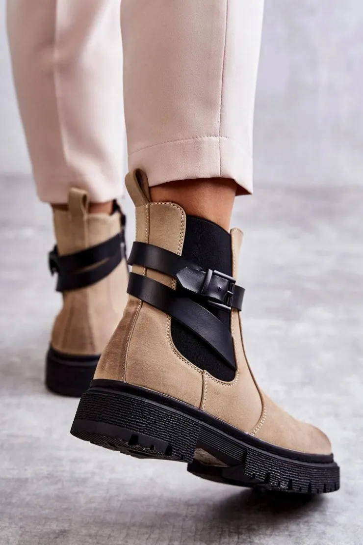 New Boto Damskie Ocieplane Botki Sztyblety Z Paskiem Beżowe Jose