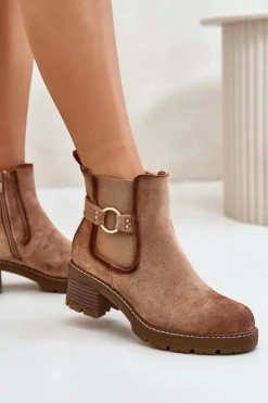Outlet Boto Damskie Ocieplane Botki Sztyblety Na Obcasie Ze Złotym Detalem Eko Zamszowe Jasnobrązowe Mailta