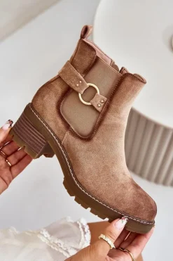 Outlet Boto Damskie Ocieplane Botki Sztyblety Na Obcasie Ze Złotym Detalem Eko Zamszowe Jasnobrązowe Mailta