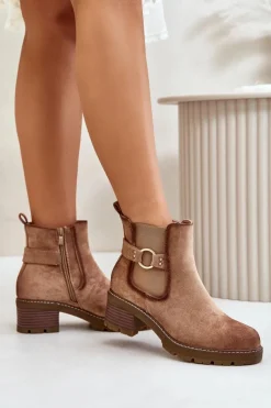Outlet Boto Damskie Ocieplane Botki Sztyblety Na Obcasie Ze Złotym Detalem Eko Zamszowe Jasnobrązowe Mailta