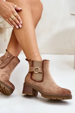 Outlet Boto Damskie Ocieplane Botki Sztyblety Na Obcasie Ze Złotym Detalem Eko Zamszowe Jasnobrązowe Mailta